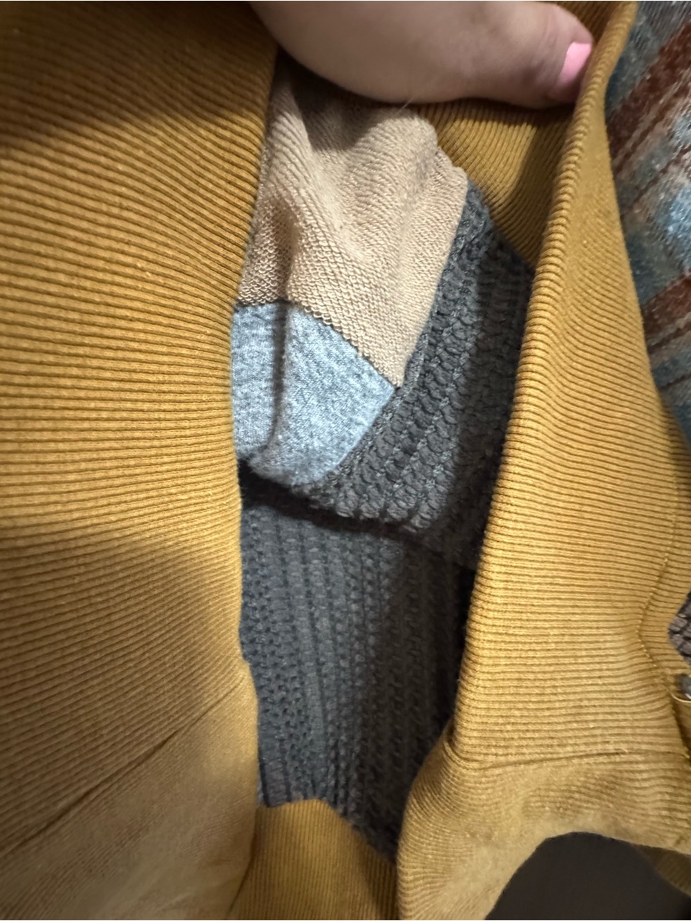 Oli & Hali Patchwork Plaid Pieced Mixed Texture Pullover Sweatshirt Yellow Multi - Picture 7 of 9